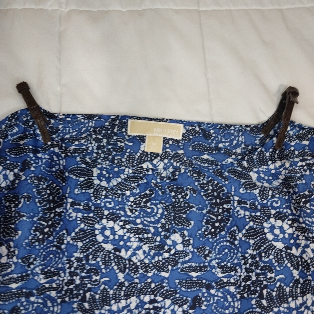 Michael Kors Blue Patterned Blouse With Buckle Straps Size L